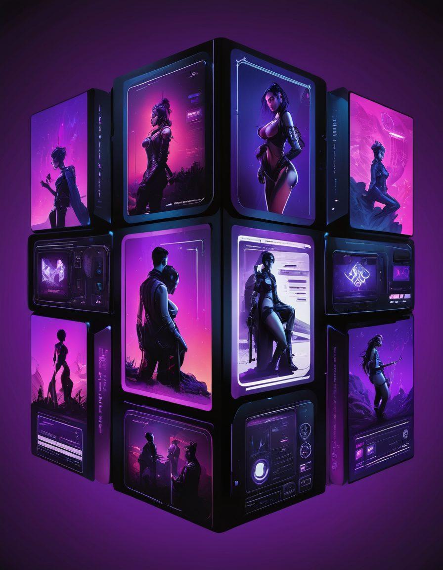 A collage depicting various adult media platforms, showcasing stylized icons of their logos in an abstract layout. The background is a gradient of deep purples and blacks, symbolizing the adult theme, with subtle erotic art integrated into the design. Include lit-up screens and silhouettes of diverse couples enjoying media together, all enhancing the notion of exploration in NSFW content. vibrant colors. cyberpunk style.