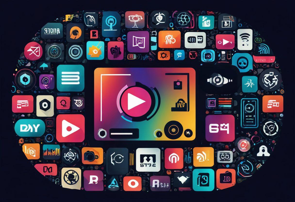 A digital collage showcasing various streaming platforms, prominently featuring bold icons of mature content sites like a play button, film reel, and a stylish remote control. The background should blend edgy colors and abstract shapes representing diversity in explicit genres. Add subtle hints of tech elements like streaming bars and pixels to illustrate modernity. Capturing a sense of intrigue and exploration. vibrant colors. cyberpunk.